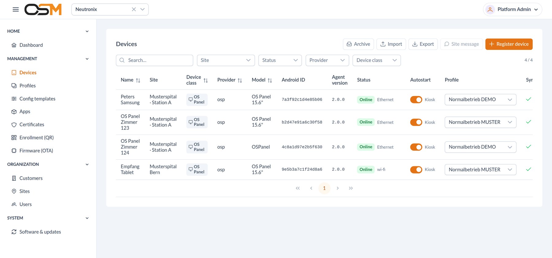 OS MDM Konsole – Geräteverwaltung (echter Screenshot)